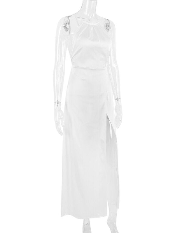 Satin Backless Halter Maxi Dress