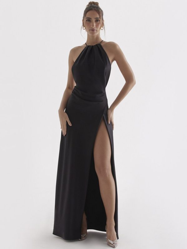 Satin Backless Halter Maxi Dress