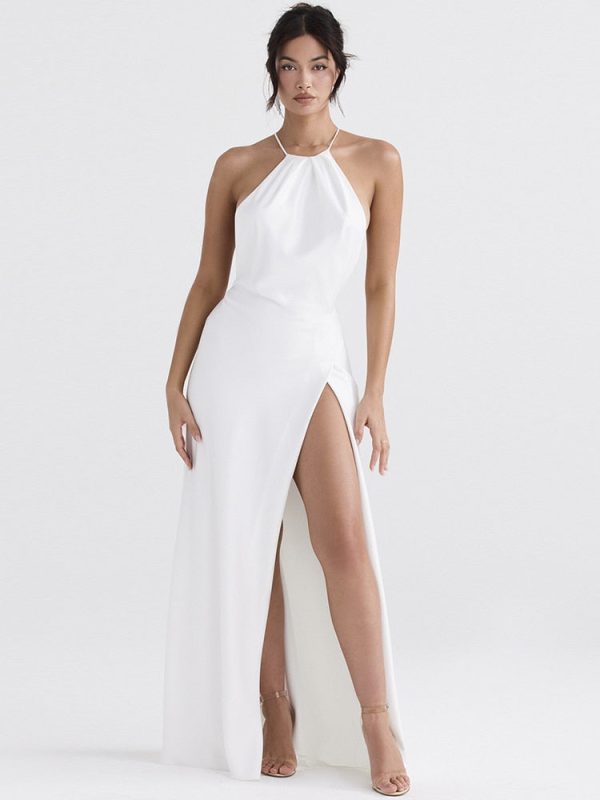 Satin Backless Halter Maxi Dress