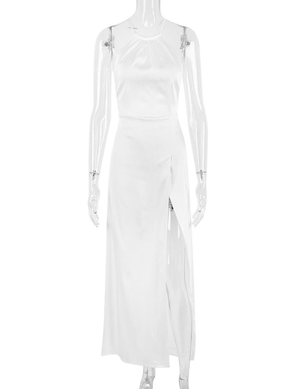 Satin Backless Halter Maxi Dress