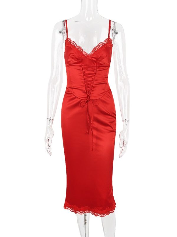 Satin Lace Trim Corset Midi Dress