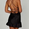 Satin Lace Up Back Asymmetric Frilled Hem Mini Dress Satin Lace Up Back Asymmetric Frilled Hem Mini Dress