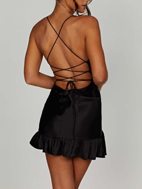 Satin Lace Up Back Asymmetric Frilled Hem Mini Dress Satin Lace Up Back Asymmetric Frilled Hem Mini Dress