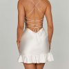 Satin Lace Up Back Asymmetric Frilled Hem Mini Dress Satin Lace Up Back Asymmetric Frilled Hem Mini Dress