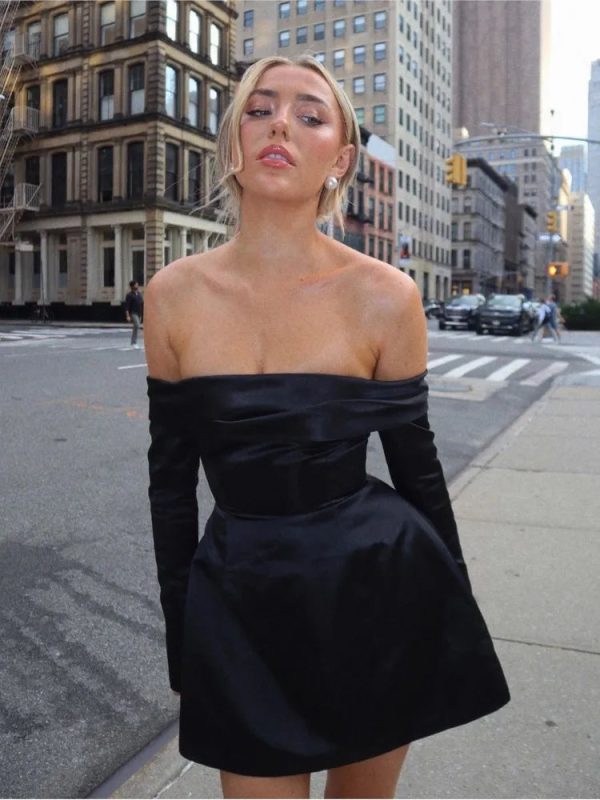 Satin Off-shoulder Long Sleeve Mini Dress Satin Off-shoulder Long Sleeve Mini Dress