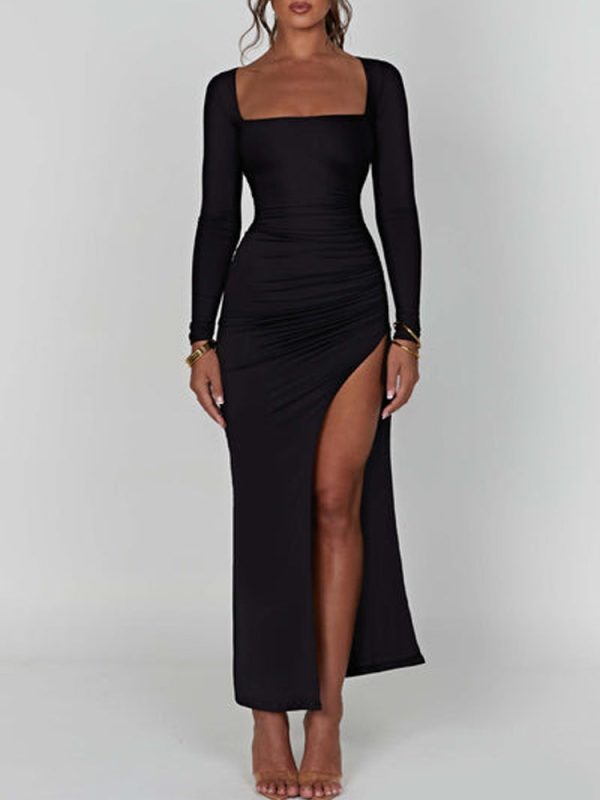 Scoop Neck Ruched Side Slit Long Sleeve Maxi Dress Scoop Neck Ruched Side Slit Long Sleeve Maxi Dress
