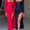 Scoop Neck Ruched Side Slit Long Sleeve Maxi Dress Scoop Neck Ruched Side Slit Long Sleeve Maxi Dress