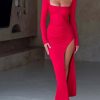 Scoop Neck Ruched Side Slit Long Sleeve Maxi Dress Scoop Neck Ruched Side Slit Long Sleeve Maxi Dress