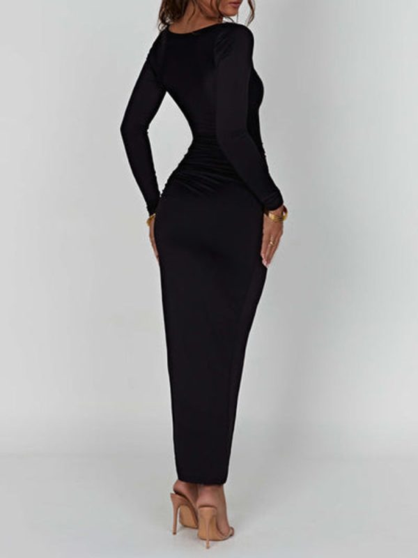 Scoop Neck Ruched Side Slit Long Sleeve Maxi Dress Scoop Neck Ruched Side Slit Long Sleeve Maxi Dress