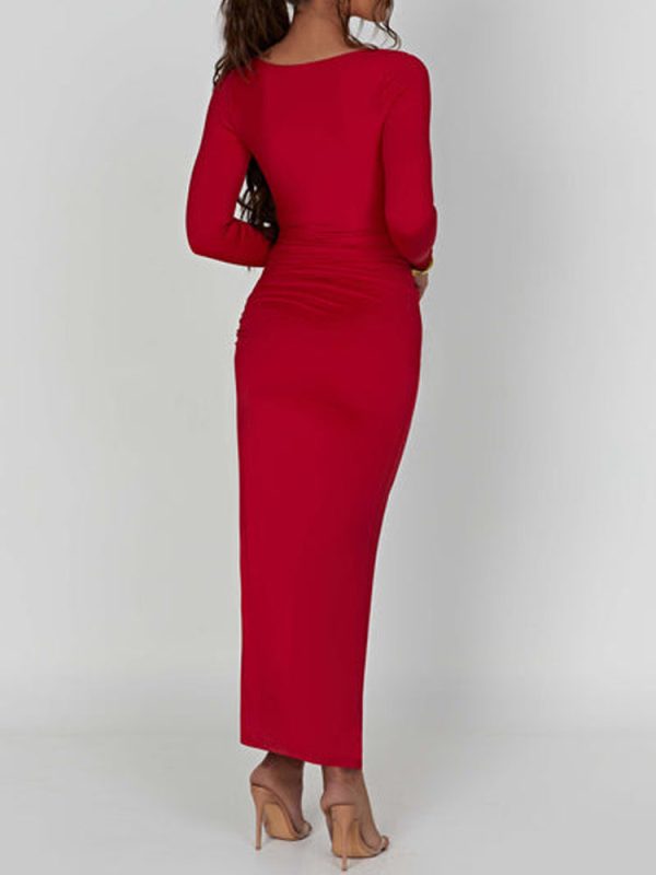 Scoop Neck Ruched Side Slit Long Sleeve Maxi Dress Scoop Neck Ruched Side Slit Long Sleeve Maxi Dress
