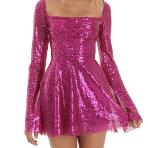 Sequin Lace-up Back Long Sleeves Flare Mini Dress