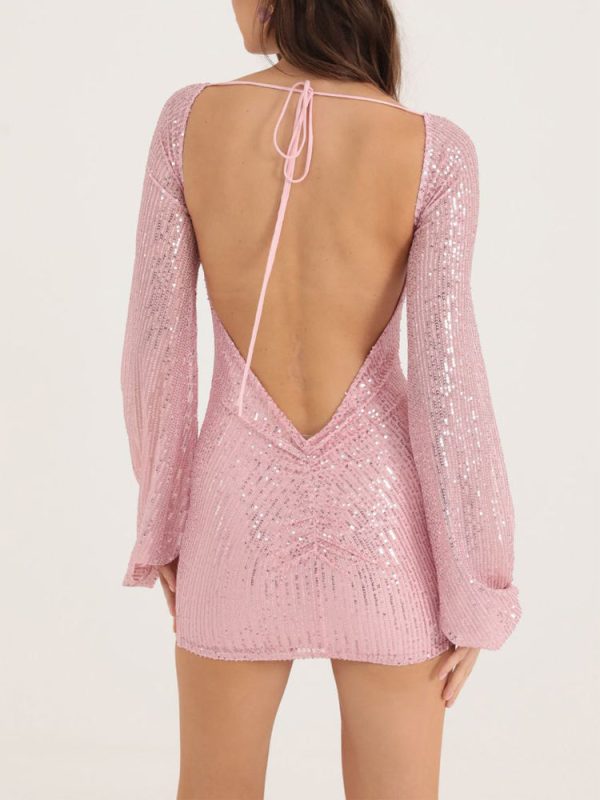 Sequin Open Back Puff Long Sleeve Mini Dress Sequin Open Back Puff Long Sleeve Mini Dress