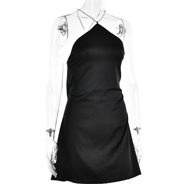 Sequin Strap Halter Backless Satin Mini Dress