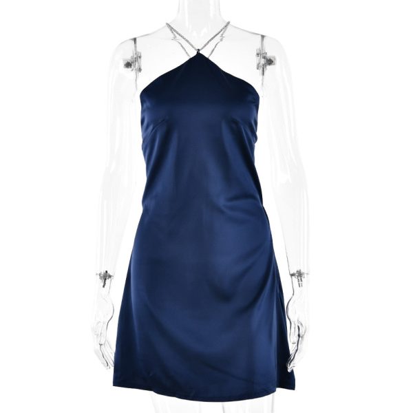Sequin Strap Halter Backless Satin Mini Dress