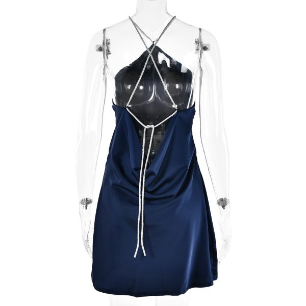 Sequin Strap Halter Backless Satin Mini Dress