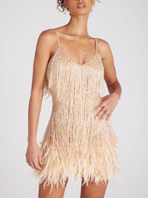 Sequin V Neck Feather Trim Mini Dress