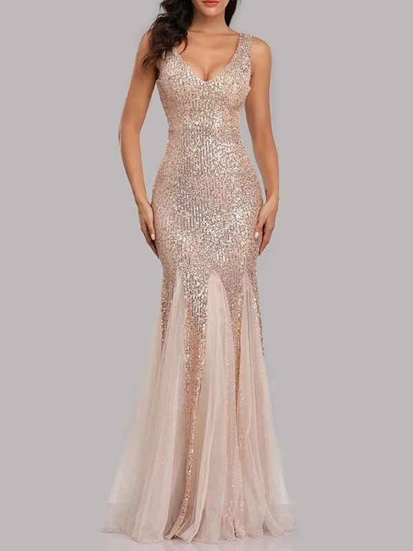 Sequin Tulle V-Neck Mermaid Floor Length Prom Dresses Sequin Tulle V-Neck Mermaid Floor Length Prom Dresses