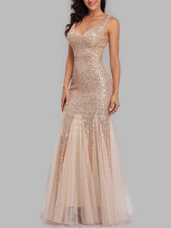 Sequin Tulle V-Neck Mermaid Floor Length Prom Dresses Sequin Tulle V-Neck Mermaid Floor Length Prom Dresses