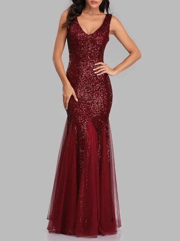 Sequin Tulle V-Neck Mermaid Floor Length Prom Dresses Sequin Tulle V-Neck Mermaid Floor Length Prom Dresses