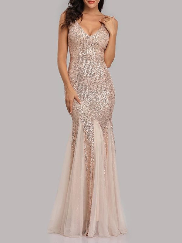 Sequin Tulle V-Neck Mermaid Floor Length Prom Dresses Sequin Tulle V-Neck Mermaid Floor Length Prom Dresses
