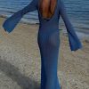 Sexy Boat Neck Bell Sleeve Crochet Knit Beach Vacation Maxi Dress - Blue Sexy Boat Neck Bell Sleeve Crochet Knit Beach Vacation Maxi Dress - Blue