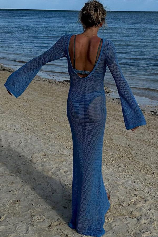 Sexy Boat Neck Bell Sleeve Crochet Knit Beach Vacation Maxi Dress - Blue Sexy Boat Neck Bell Sleeve Crochet Knit Beach Vacation Maxi Dress - Blue