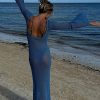 Sexy Boat Neck Bell Sleeve Crochet Knit Beach Vacation Maxi Dress - Blue Sexy Boat Neck Bell Sleeve Crochet Knit Beach Vacation Maxi Dress - Blue