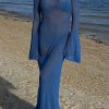 Sexy Boat Neck Bell Sleeve Crochet Knit Beach Vacation Maxi Dress - Blue Sexy Boat Neck Bell Sleeve Crochet Knit Beach Vacation Maxi Dress - Blue