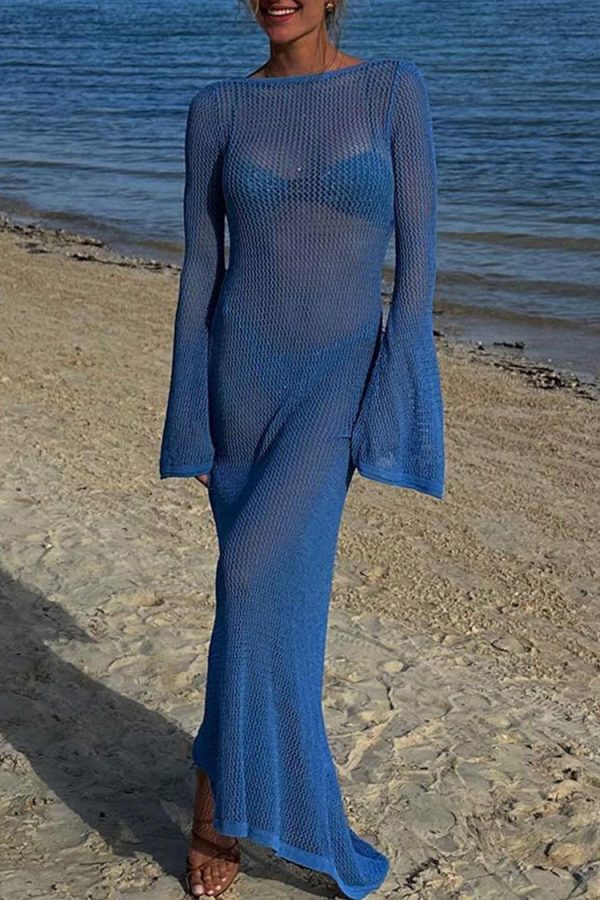 Sexy Boat Neck Bell Sleeve Crochet Knit Beach Vacation Maxi Dress - Blue Sexy Boat Neck Bell Sleeve Crochet Knit Beach Vacation Maxi Dress - Blue