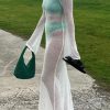 Sexy Boat Neck Bell Sleeve Crochet Knit Beach Vacation Maxi Dress - White Sexy Boat Neck Bell Sleeve Crochet Knit Beach Vacation Maxi Dress - White