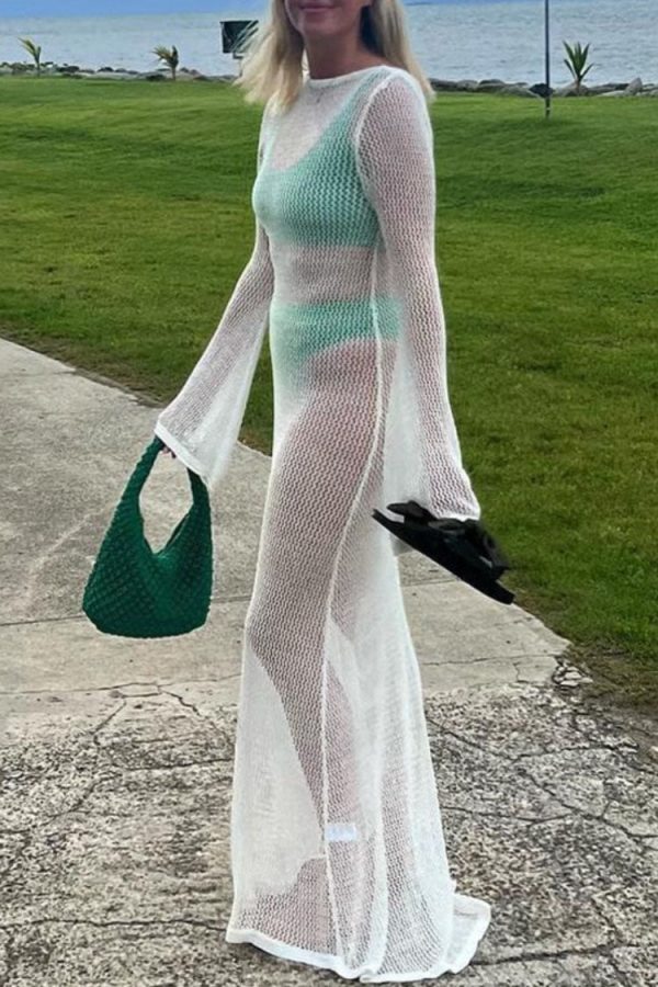 Sexy Boat Neck Bell Sleeve Crochet Knit Beach Vacation Maxi Dress - White Sexy Boat Neck Bell Sleeve Crochet Knit Beach Vacation Maxi Dress - White