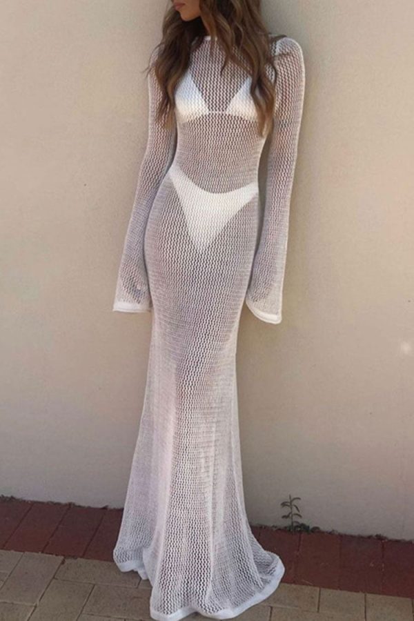 Sexy Boat Neck Bell Sleeve Crochet Knit Beach Vacation Maxi Dress - White Sexy Boat Neck Bell Sleeve Crochet Knit Beach Vacation Maxi Dress - White