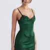 Sexy Club Lace Up Belt V Neck Lace Satin Slip Mini Dress - Emerald Green Sexy Club Lace Up Belt V Neck Lace Satin Slip Mini Dress - Emerald Green