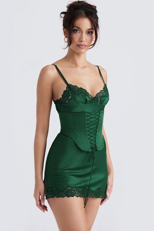 Sexy Club Lace Up Belt V Neck Lace Satin Slip Mini Dress - Emerald Green Sexy Club Lace Up Belt V Neck Lace Satin Slip Mini Dress - Emerald Green