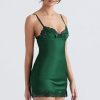 Sexy Club Lace Up Belt V Neck Lace Satin Slip Mini Dress - Emerald Green Sexy Club Lace Up Belt V Neck Lace Satin Slip Mini Dress - Emerald Green