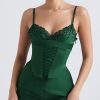Sexy Club Lace Up Belt V Neck Lace Satin Slip Mini Dress - Emerald Green Sexy Club Lace Up Belt V Neck Lace Satin Slip Mini Dress - Emerald Green