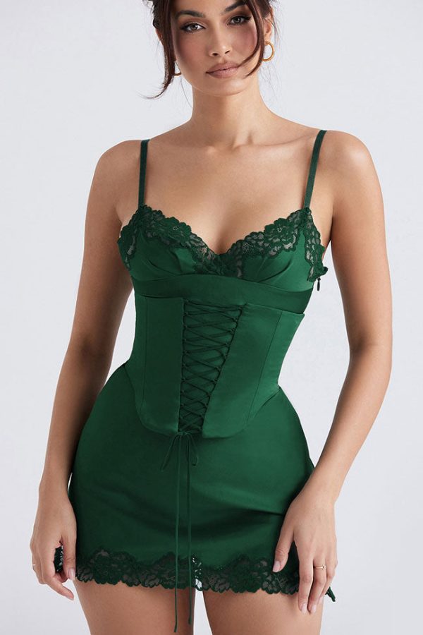 Sexy Club Lace Up Belt V Neck Lace Satin Slip Mini Dress - Emerald Green Sexy Club Lace Up Belt V Neck Lace Satin Slip Mini Dress - Emerald Green