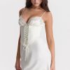 Sexy Club Lace Up Belt V Neck Lace Satin Slip Mini Dress - White Sexy Club Lace Up Belt V Neck Lace Satin Slip Mini Dress - White