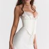 Sexy Club Lace Up Belt V Neck Lace Satin Slip Mini Dress - White Sexy Club Lace Up Belt V Neck Lace Satin Slip Mini Dress - White