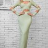 Sexy Crew Neck Long Sleeve Bandage Cutout Evening Maxi Dress - Light Green