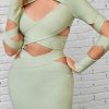 Sexy Crew Neck Long Sleeve Bandage Cutout Evening Maxi Dress - Light Green