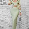 Sexy Crew Neck Long Sleeve Bandage Cutout Evening Maxi Dress - Light Green