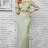 Sexy Crew Neck Long Sleeve Bandage Cutout Evening Maxi Dress - Light Green