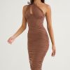 Sexy Cutout One Shoulder Ruched Bodycon Mesh Corset Midi Dress - Brown Sexy Cutout One Shoulder Ruched Bodycon Mesh Corset Midi Dress - Brown