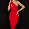 Sexy Cutout One Shoulder Ruched Bodycon Mesh Corset Midi Dress - Red Sexy Cutout One Shoulder Ruched Bodycon Mesh Corset Midi Dress - Red