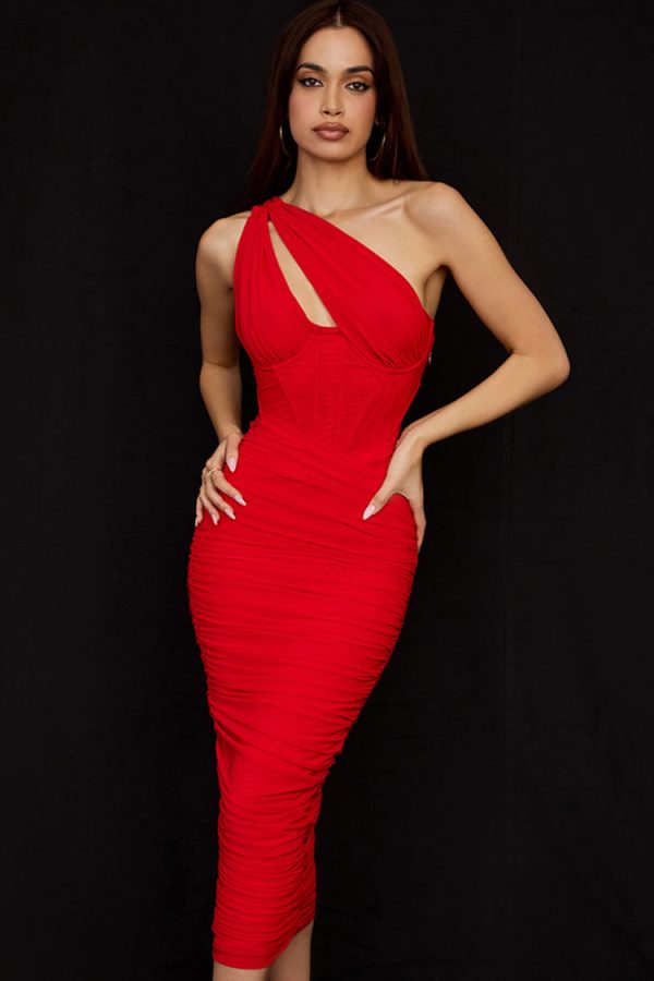 Sexy Cutout One Shoulder Ruched Bodycon Mesh Corset Midi Dress - Red Sexy Cutout One Shoulder Ruched Bodycon Mesh Corset Midi Dress - Red