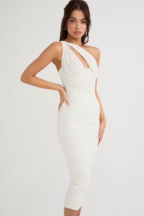 Sexy Cutout One Shoulder Ruched Bodycon Mesh Corset Midi Dress - White Sexy Cutout One Shoulder Ruched Bodycon Mesh Corset Midi Dress - White