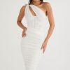 Sexy Cutout One Shoulder Ruched Bodycon Mesh Corset Midi Dress - White Sexy Cutout One Shoulder Ruched Bodycon Mesh Corset Midi Dress - White