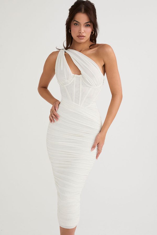 Sexy Cutout One Shoulder Ruched Bodycon Mesh Corset Midi Dress - White Sexy Cutout One Shoulder Ruched Bodycon Mesh Corset Midi Dress - White
