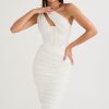 Sexy Cutout One Shoulder Ruched Bodycon Mesh Corset Midi Dress - White Sexy Cutout One Shoulder Ruched Bodycon Mesh Corset Midi Dress - White